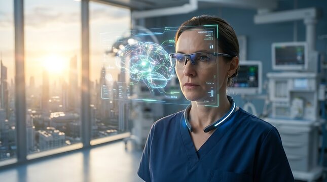 Futuristic female doctor wearing smart glasses with holographic brain interface, advanced medical technology in modern hospital clinic