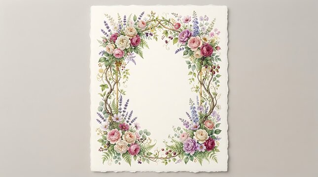 Floral wreath frame with roses and lavender