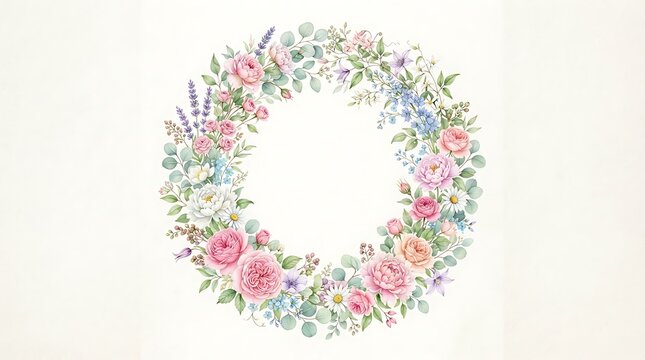Watercolor floral wreath with pink roses and eucalyptus isolated on white background