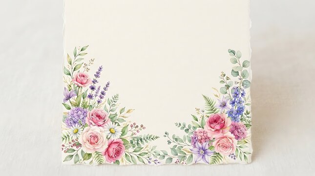 Watercolor floral frame with pink roses and lavender