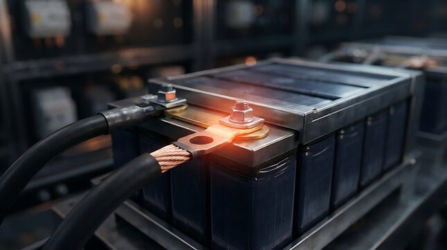 Electric vehicle battery module with thick copper cables connected to terminals, representing energy storage for electric cars and sustainable technology innovation
