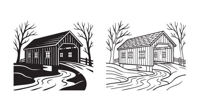covered bridge black silhouette and outline art vector icon with autumnal trees and stream