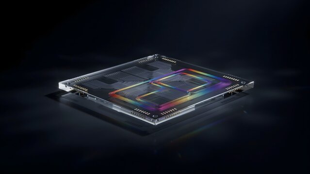 Photonic processor chip with rainbow light waveguide channels &ndash; Ideal for optical computing, quantum physics, or next-gen microchips.