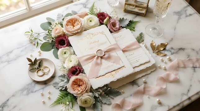 Elegant wedding invitation suite with floral accents and ribbon
