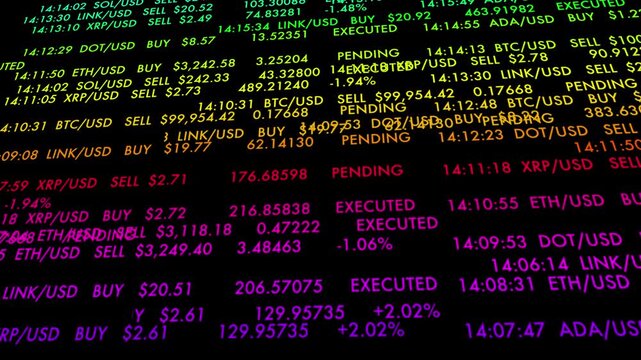 Vibrant multi-colored cryptocurrency digital ledger scrolling on a dark trading screen. Excellent backdrop for Web3, modern banking, fintech, and digital wallet content.