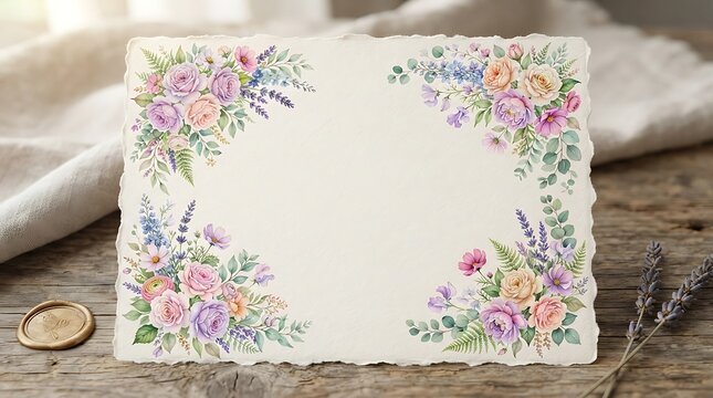 Floral watercolor border frame on textured paper
