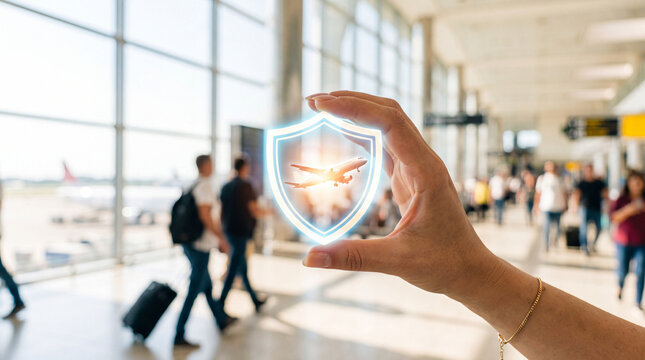 Close-up of a hand holding a glowing airplane inside a shield icon, bright clean well-lit background, travel insurance concept, trip protection, medical coverage, safe journey, global assistance