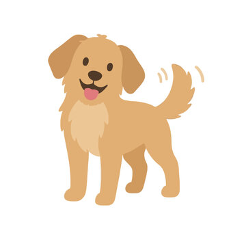 A happy light brown dog wagging its tail with a big smile and tongue out in a cheerful flat vector illustration style suitable for children's books or pet themes