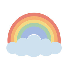 Obraz premium A vibrant pastel rainbow arching gracefully over a fluffy light blue cloud in a simple flat vector illustration style perfect for children's books or weather themes