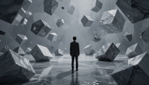 Businessman Standing Amidst Floating Marble Cubes in Abstract Surreal Space