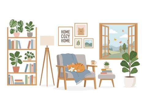 Cozy living room interior with armchair, cat, plants, and window