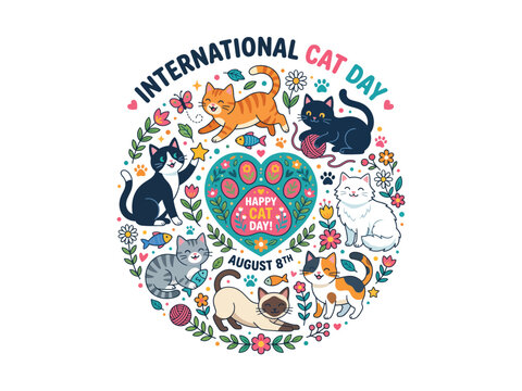International cat day celebration illustration with cute cats