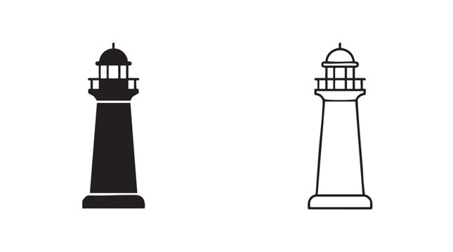 lighthouse black silhouette and outline art vector icon featuring coastal, beacon