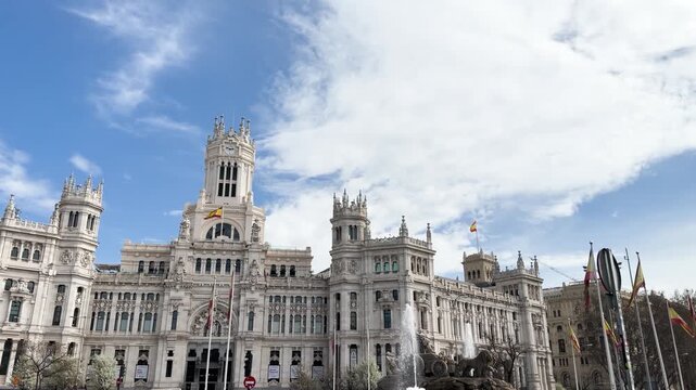 Majestic Cibeles Palace, currently Madrid's city hall, standing on a sunny day