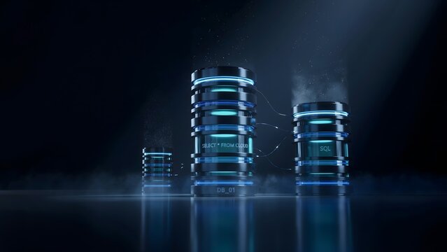 Holographic database cylinders rising from obsidian floor &ndash; Ideal for data storage, cloud databases, or cyber security concepts.