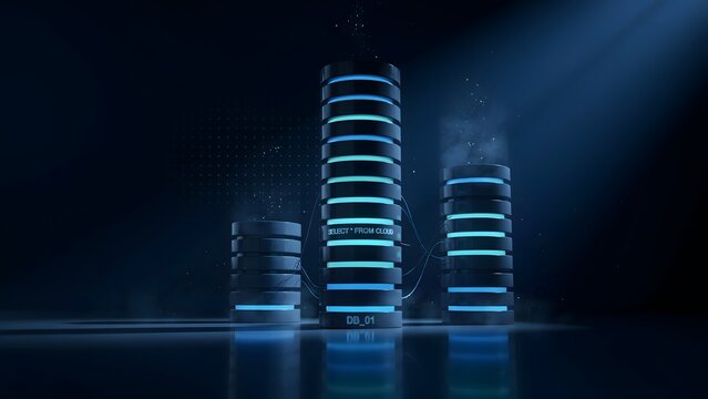 Glowing blue database cylinders with volumetric light shafts &ndash; Great for big data management, server infrastructure, or digital archives.