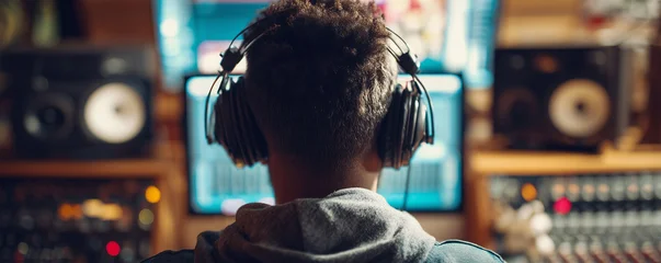 Young male wearing headphones records music in home studio at night © ivlianna