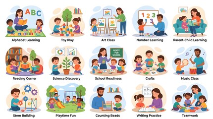 Fototapeta premium Diverse children engaging in various educational activities and playtime.
