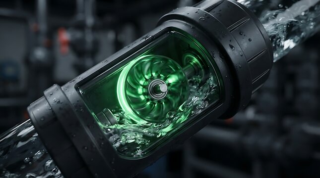 Industrial water flow meter with illuminated turbine and flowing water in a transparent pipe, high tech plumbing system detail