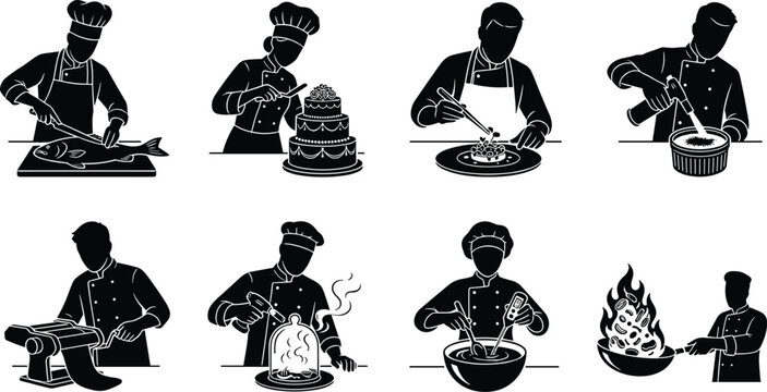 Chef Character Silhouettes Set Performing Professional Culinary Techniques and Cooking Process in Restaurant Kitchen