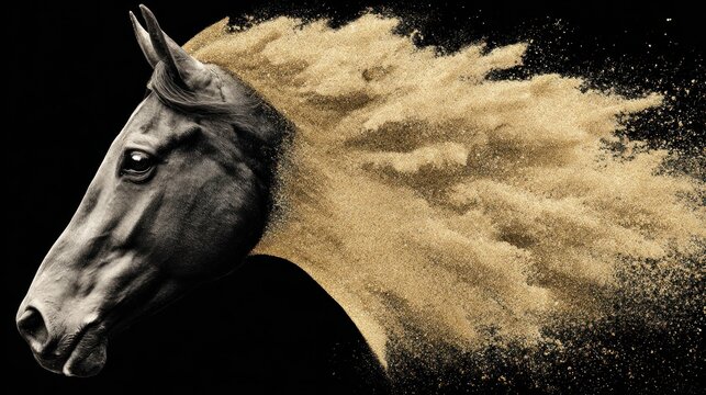 Horse silhouette dissolving into golden dust cloud behind black background