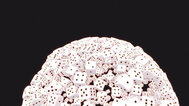 White dice compose a rotating sphere dome on a dark background in a 3D animation loop ideal for gaming and technology titles