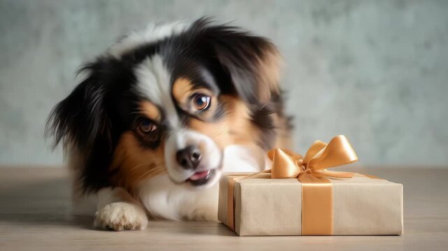 Adorable Australian Shepherd dog curiously sniffing a beautifully wrapped gift box with a golden ribbon on a wooden table. The playful pet creates a heartwarming and festive atmosphere indoors