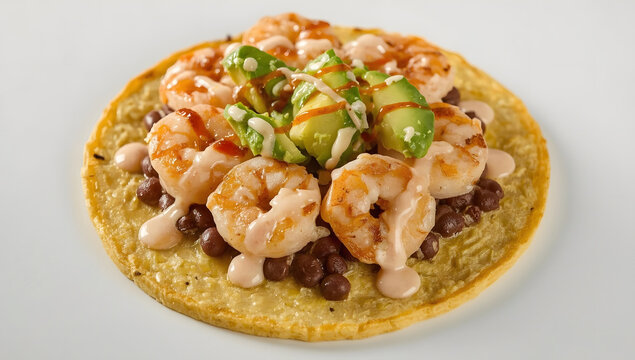Shrimp tostada with avocado and black beans