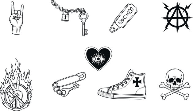 Punk culture vector illustrations with anarchy symbols, skulls, chains, sneakers, and rebellious graphic elements for creative design projects