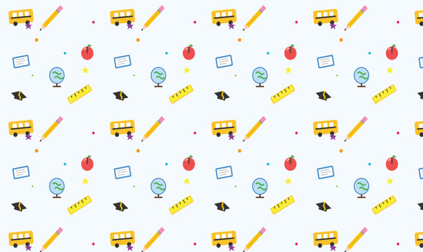 Back to school seamless pattern vector, education icons background with school bus and pencil, colorful student supplies wallpaper