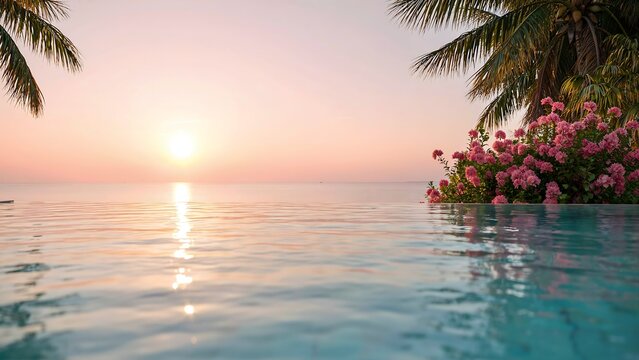Wide angle photo of a luxury infinity pool overlooking the ocean at sunset with palm trees
