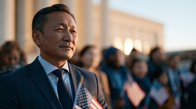 A Mongolian man in formal attire standing among a small multicultural group outside a civic building at blue hour each person holding a small national flag freshly sworn in as new