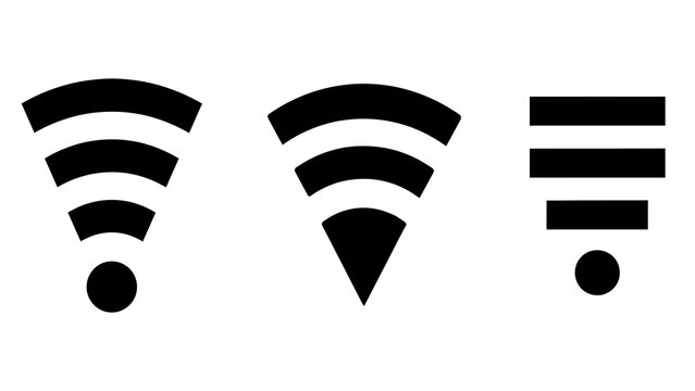Three minimalist black wireless internet signal icon designs on white background