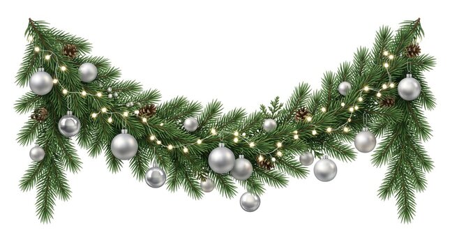 Christmas garland with pine branches and silver ornaments, festive evergreen swags with glowing fairy lights, winter holiday border on white background