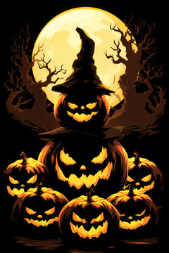 Pumpkins with carved faces are stacked together at night. A large full moon rises behind dark trees, creating a spooky Halloween atmosphere