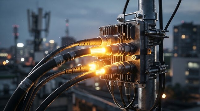 Close up on glowing fiber optic cables connected to a telecommunication tower antenna equipment with city lights blurred in the background at dusk