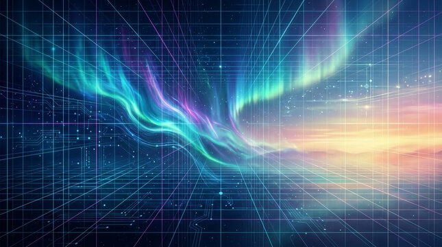 Swirling aurora borealis over a digital grid, representing connection, innovation, and the convergence of nature and technology, with free space for text.