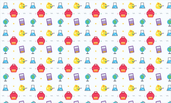 Seamless school pattern with colorful education icons, back to school vector background, repetitive learning symbols for stationery and wrapping paper