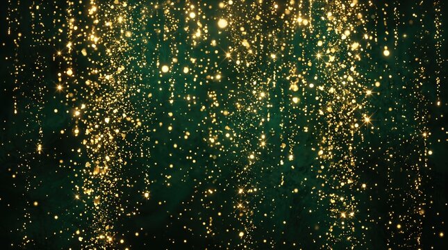 Golden glitter particles falling on dark emerald green background, shimmering luxury bokeh texture, elegant festive holiday backdrop for celebration
