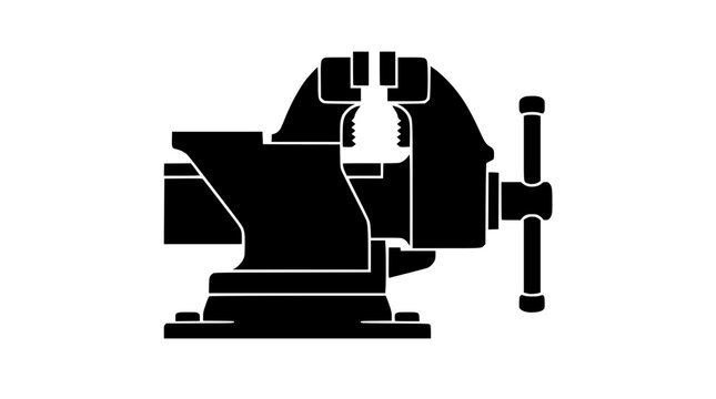 Heavy-duty metal bench vise clamping workpieces securely. Industrial workshop clamp holding materials for cutting, drilling, or machining.