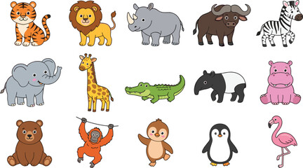 Fototapeta premium Cute Safari Animal Character Collection with Cartoon Wildlife, Jungle Mammals, Birds and Reptiles Flat Vector Illustration Set for Kids