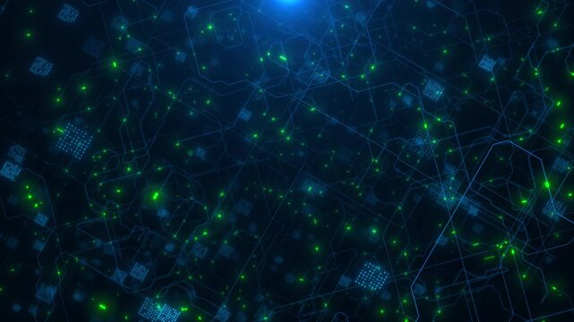 Dark tech connection mesh visual neon green points, blue trace lines, and floating digital grids. for AI presentations, data science videos, network dashboards, cyber themes, and motion graphics.