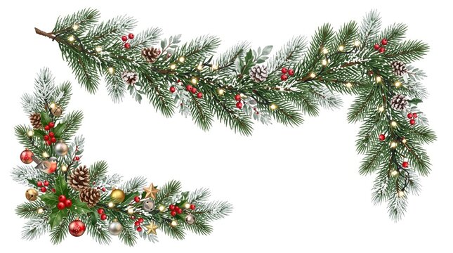 Christmas garland with pine branches and lights, festive holiday border with red berries and ornaments, snowy evergreen fir branch decoration on white background