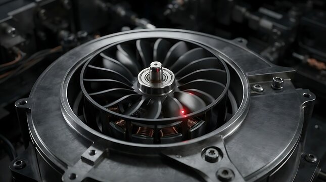 Close-up view of a powerful industrial turbine fan with metallic blades and a glowing red light, showcasing intricate engineering and advanced technology in motion.