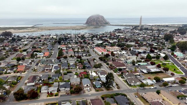 aerial wide pullout over morro bay california