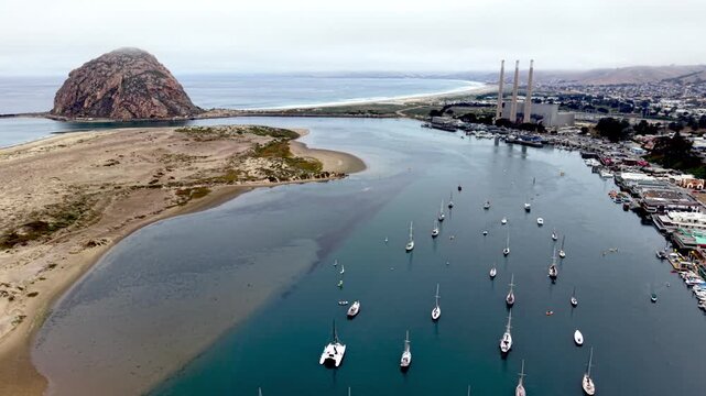 aerial wide pullout from morro bay california