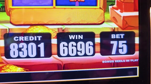 Slot machine bonus win display with bold numbers, vivid reel artwork, gold coin icons, neon reflections, and high energy casino lights during a payout moment.