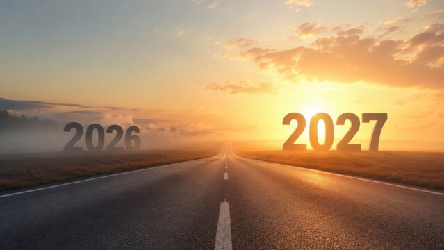 Long asphalt road leading toward a glowing sunrise, with 2026 in mist on the left and 2027 illuminated on the right
