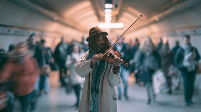 Violinist Street Performer at Metro Station: Captivating Subway Music Amidst Urban Life and Vibrant City Scene