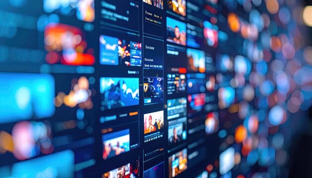 Wall of digital screens displaying diverse video thumbnails.